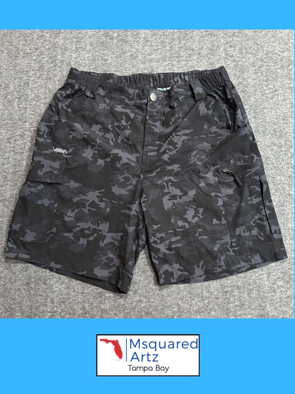 Viodia Men's Black Gray Camo Performance Cargo Fishing Shorts XL Lightweight